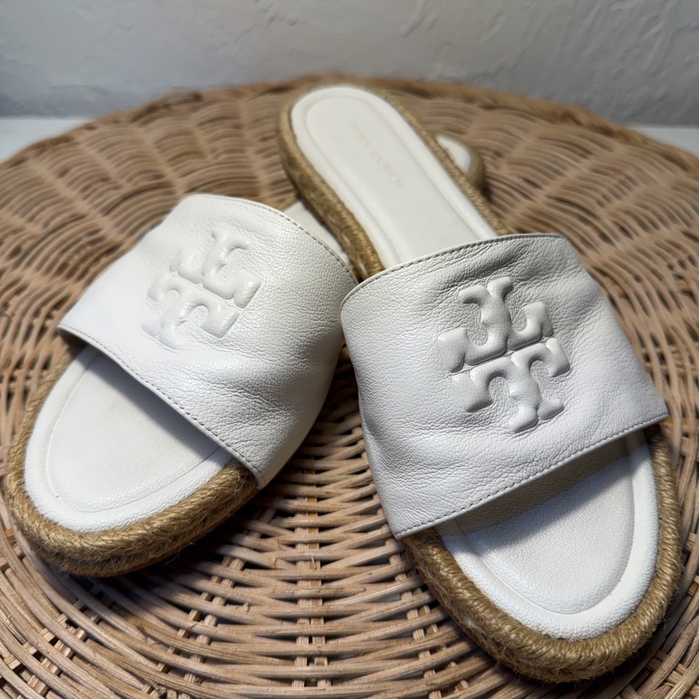 Tory Burch White Leather Logo Slide Espadrille Sandals